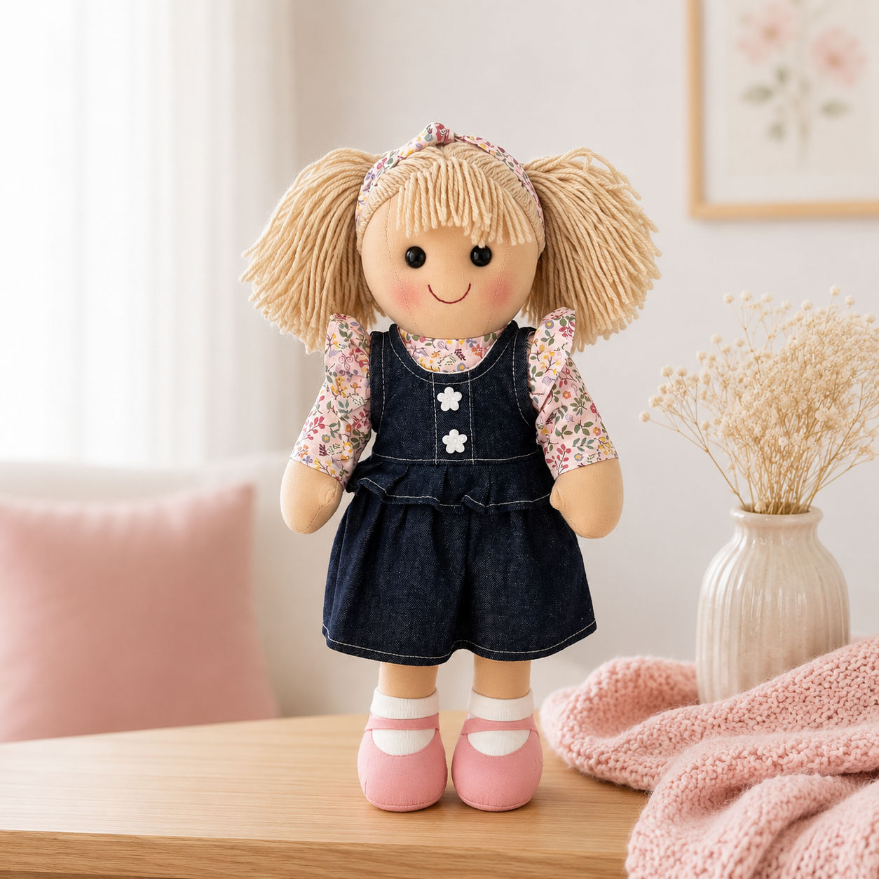 Amie – 35cm Rag Doll in Denim Pinafore | Peony Lane